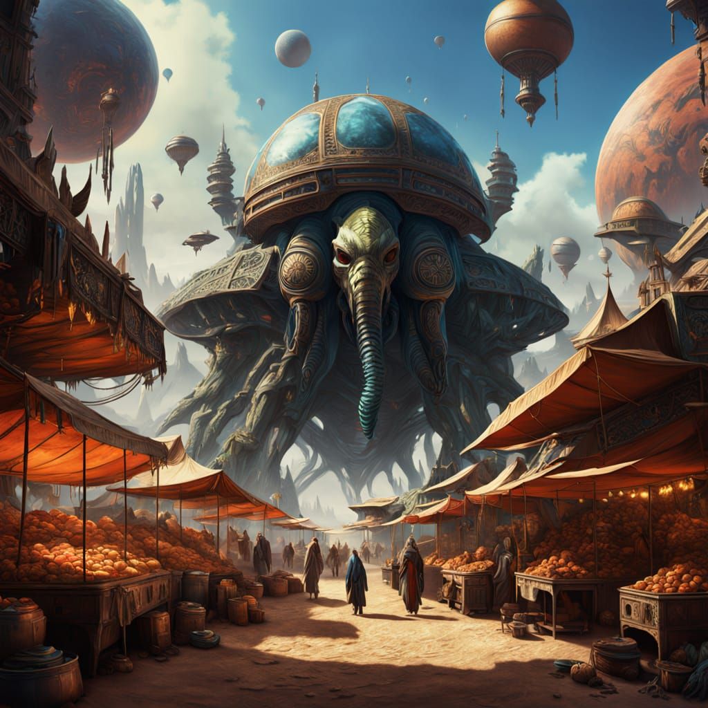 Exotic Alien Marketplace on Desert Planet