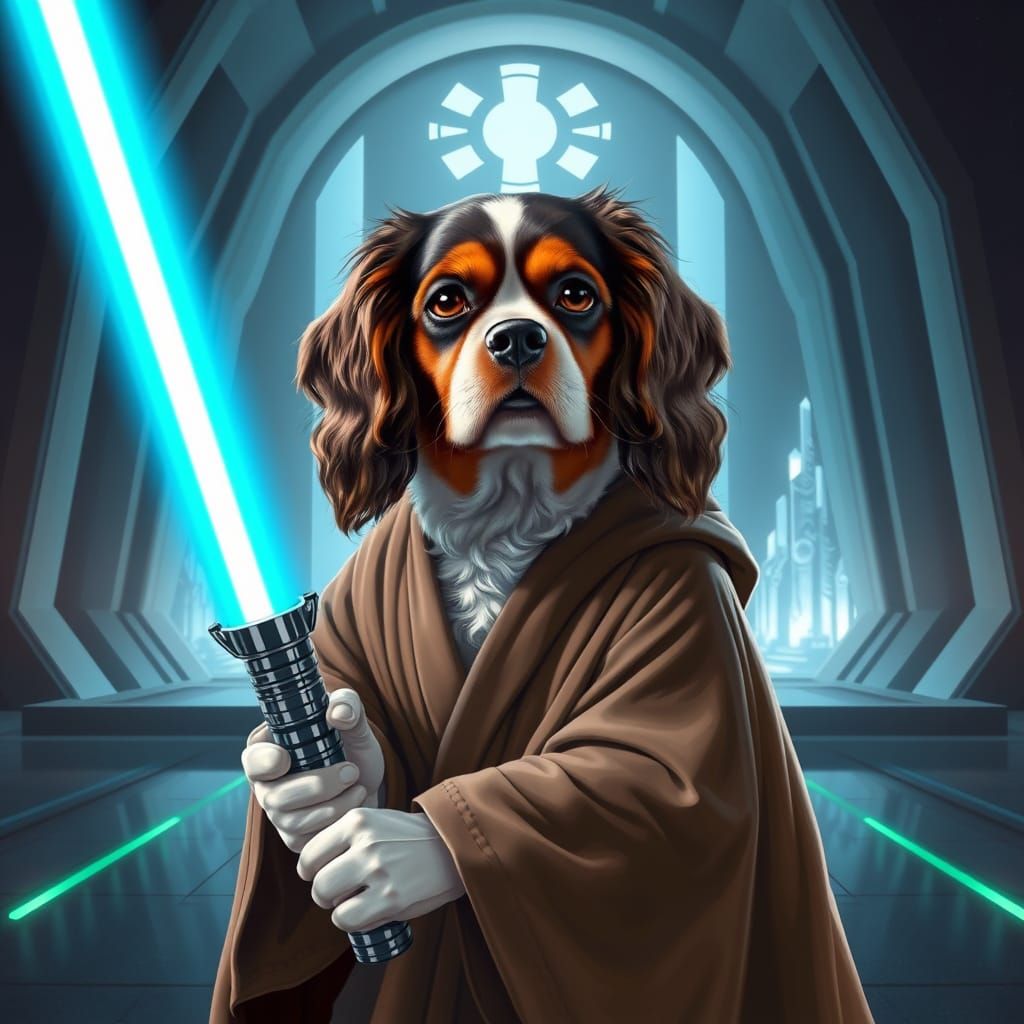 Cavalier King Charles Spaniel Jedi Knight in Futuristic Temp...