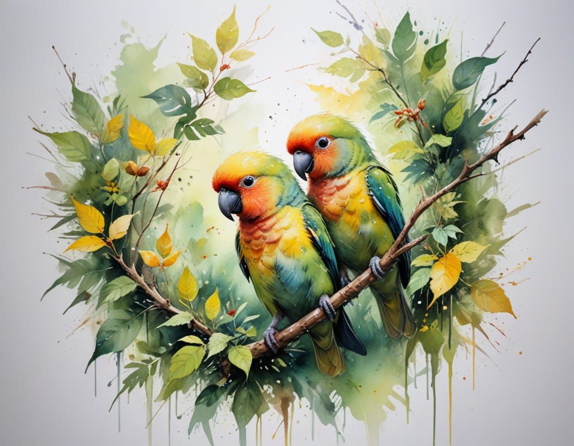 Lovebirds in Rainforest Clearing, Watercolour Style