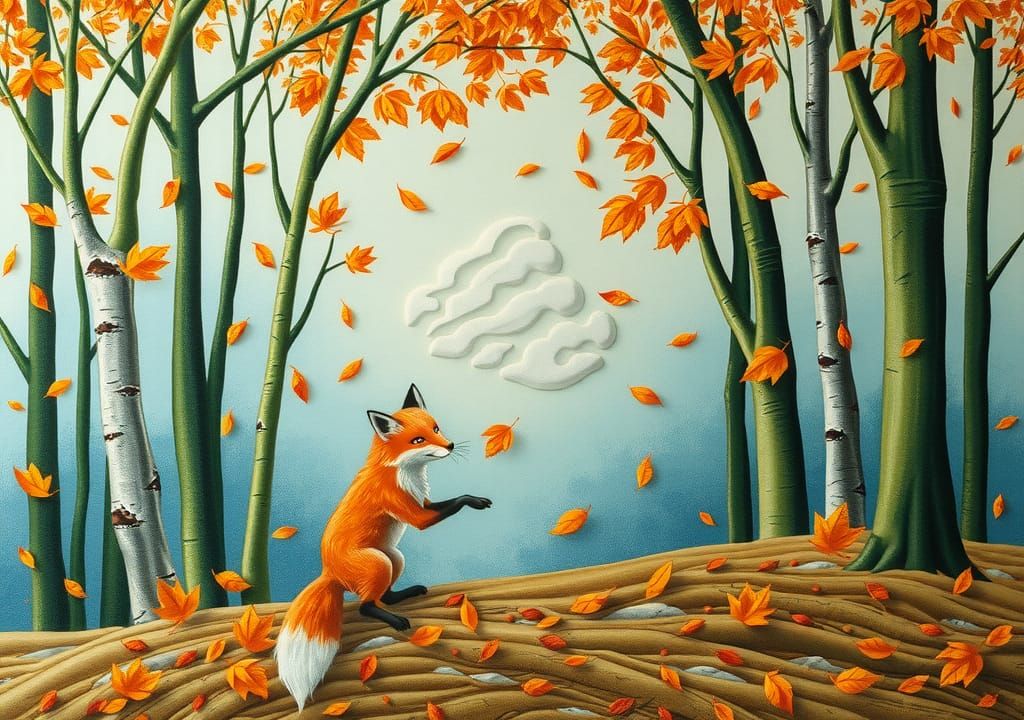 Fox Playing in Autumn Forest: Embossed Surreal Art