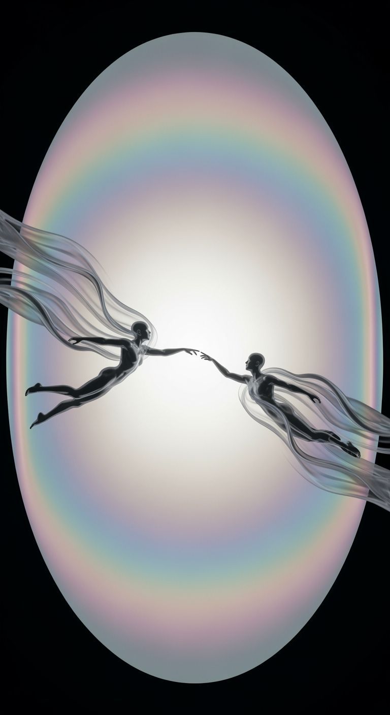 Ethereal Figures Reach Across Iridescent Void