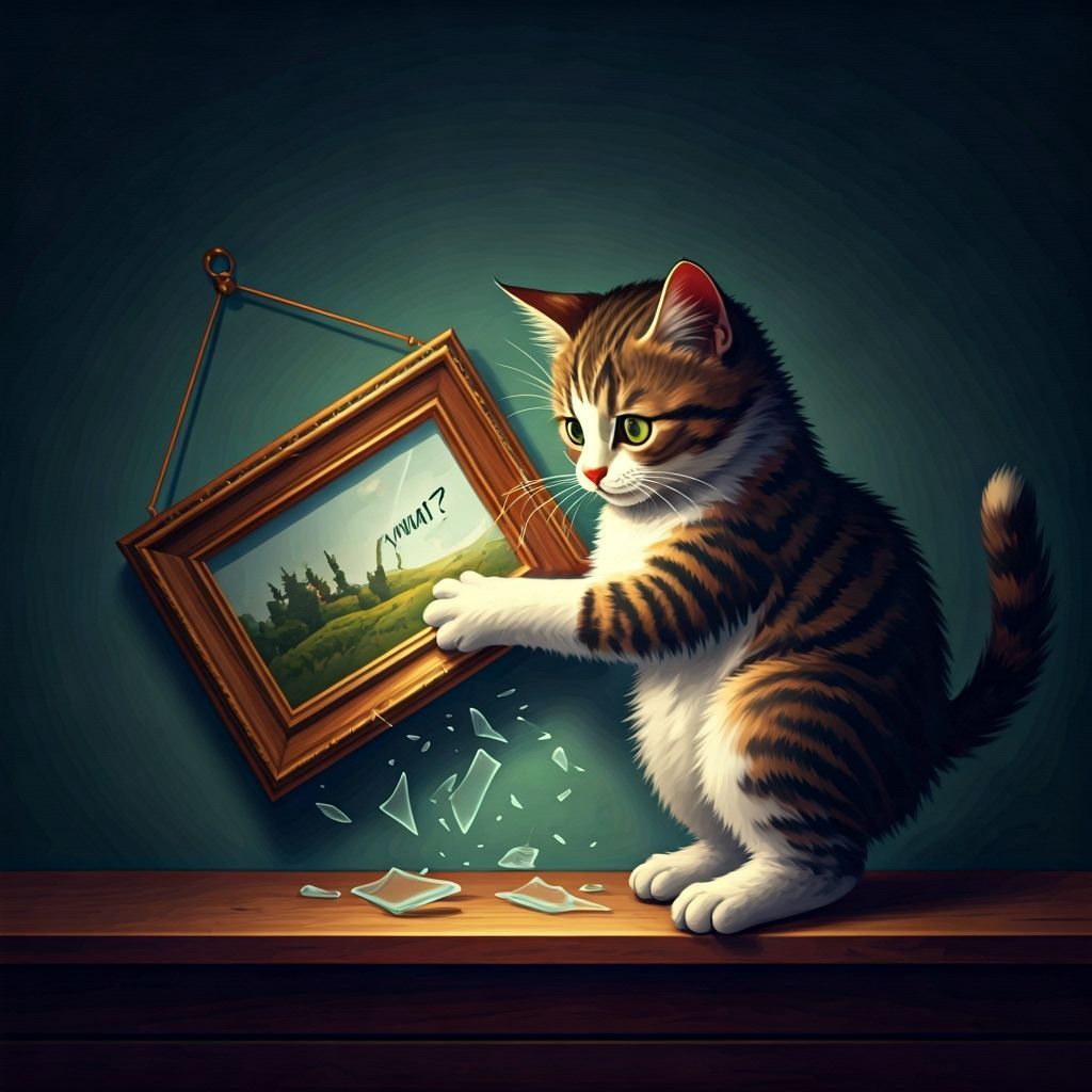 Mischievous Cat Knocks Over Picture Frame in Painterly Style