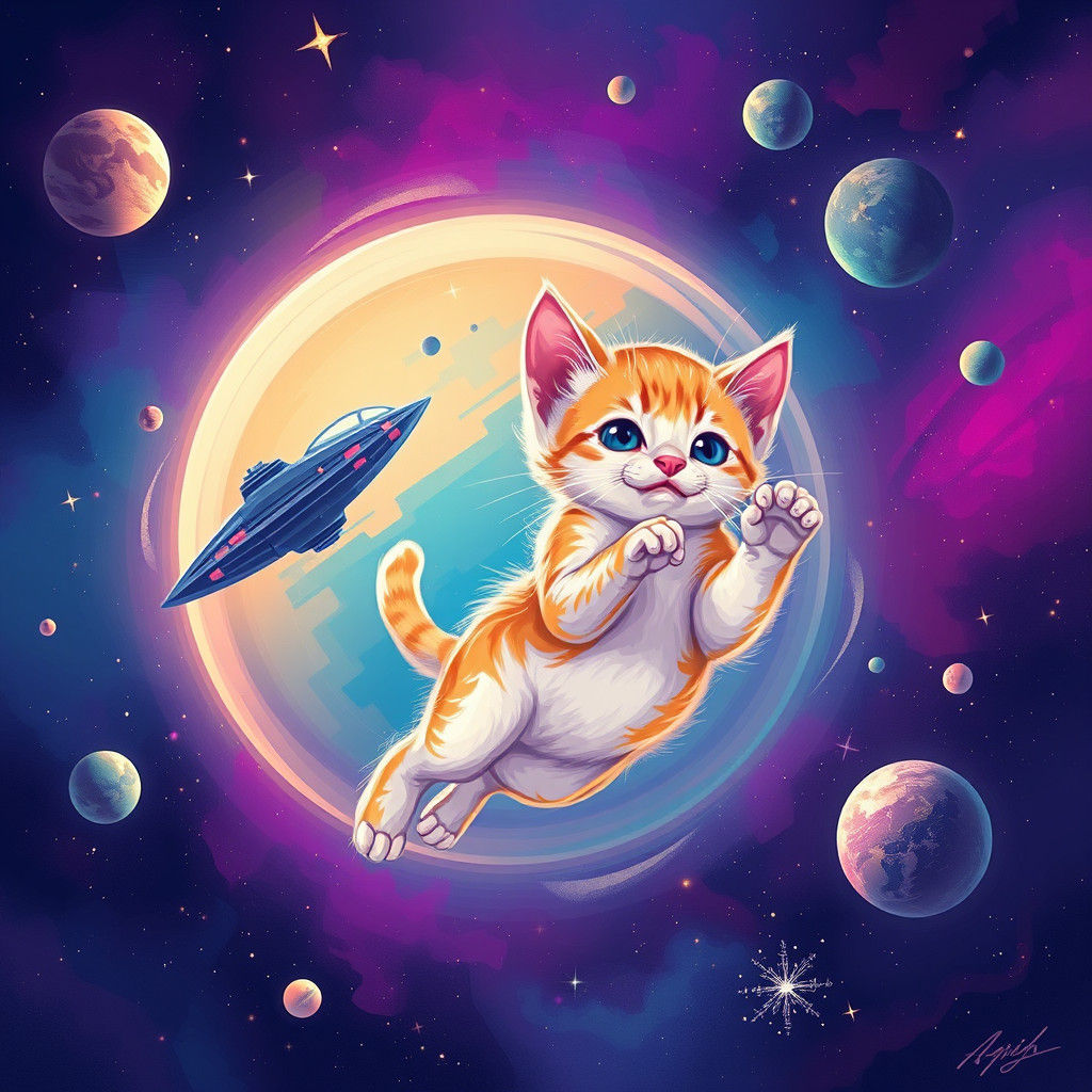 Cosmic Kitten Floating in Zero Gravity