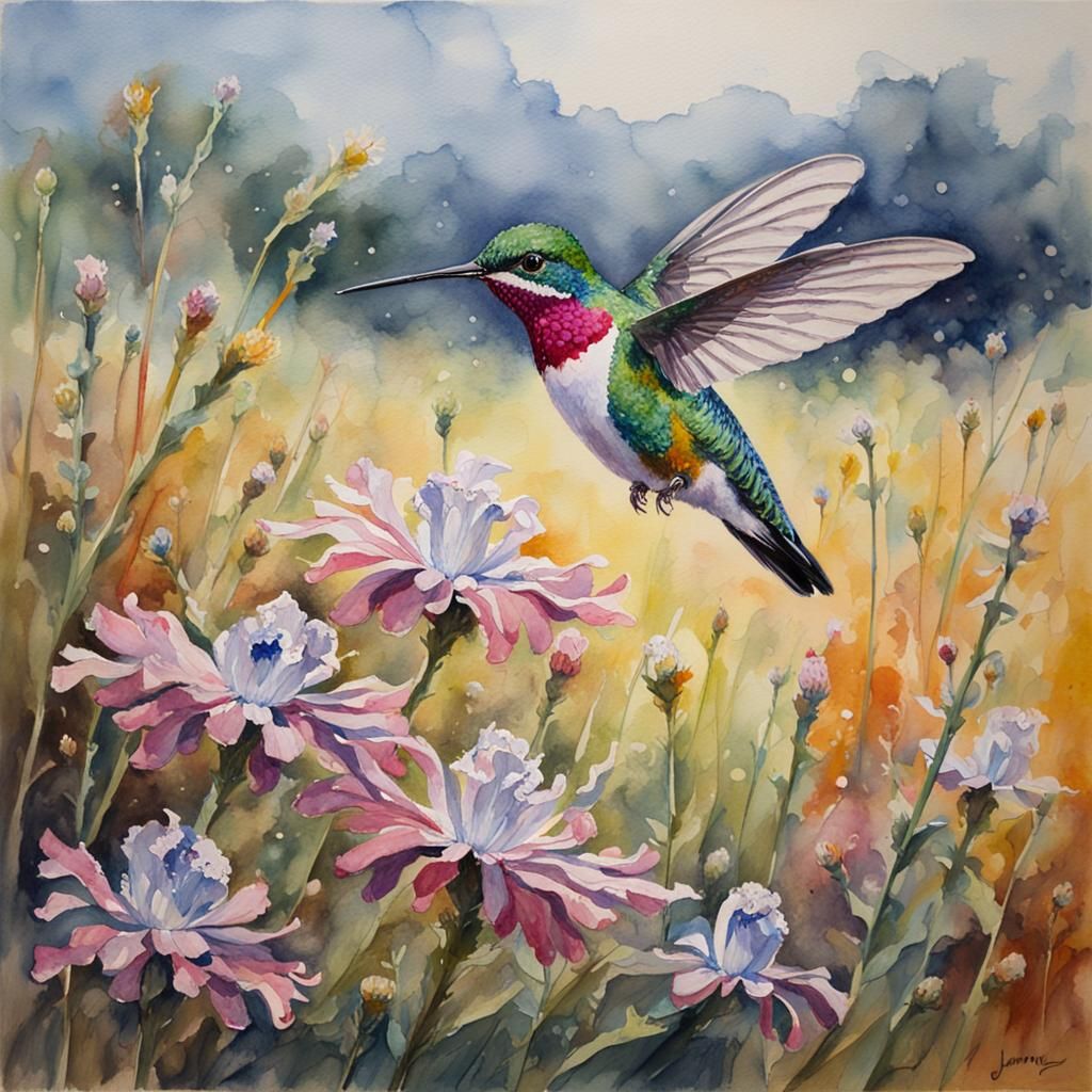 Crystal Hummingbird in Watercolor Field, Gurney Style