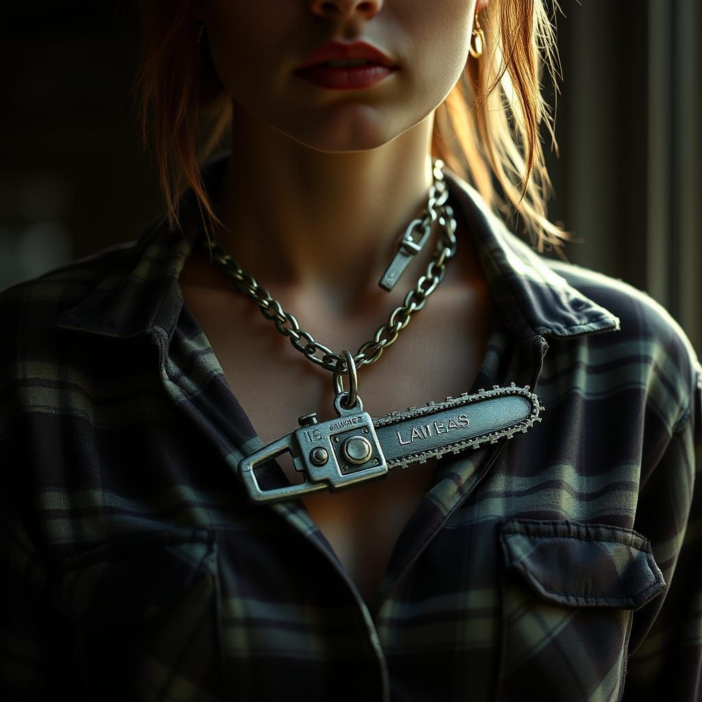 Woman with Chainsaw Necklace in Cyberpunk Style