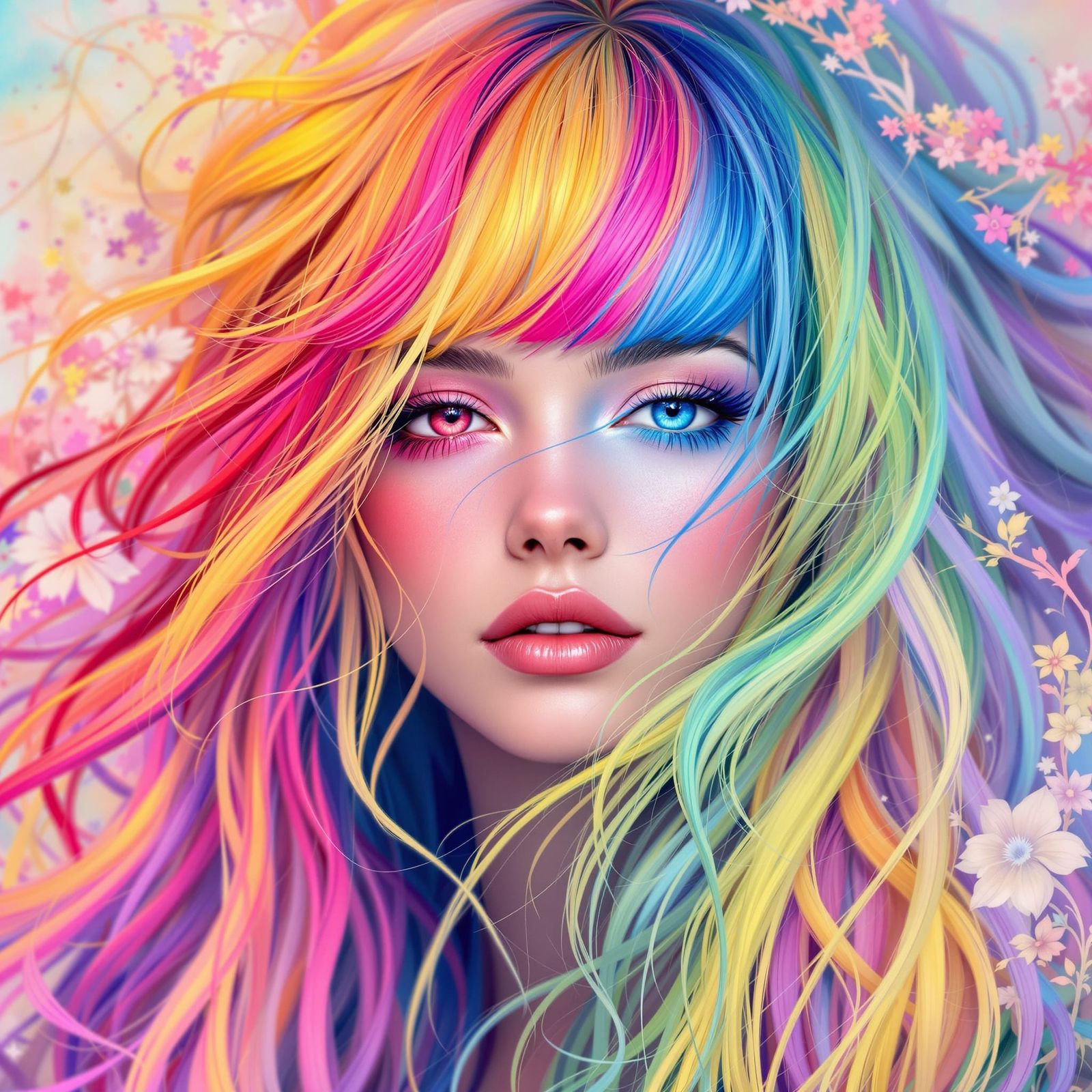 Rainbow Hair Portrait in Art Nouveau Style