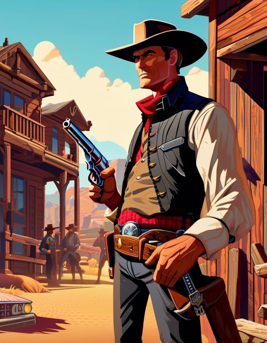 Gunslinger in Western Town: Cel-Shaded Vector Art