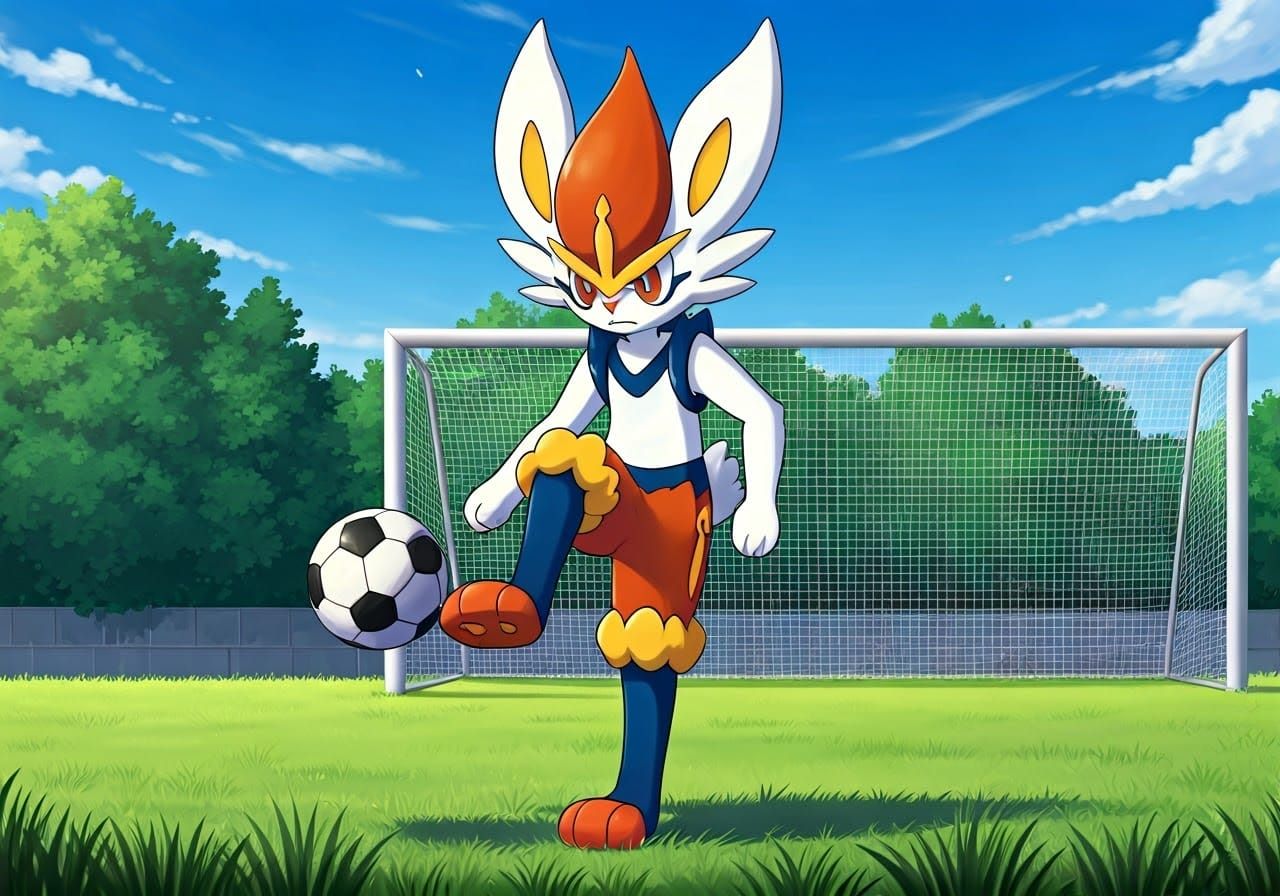 Surreal Pokemon Cinderace Kicks Soccer Ball with Determined ...