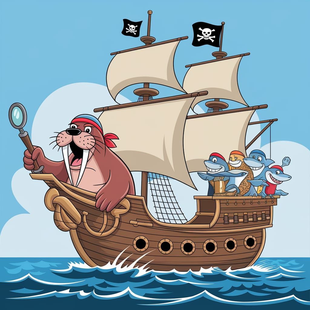 Cartoon Pirate Ship with Walrus Captain and Animal Crew