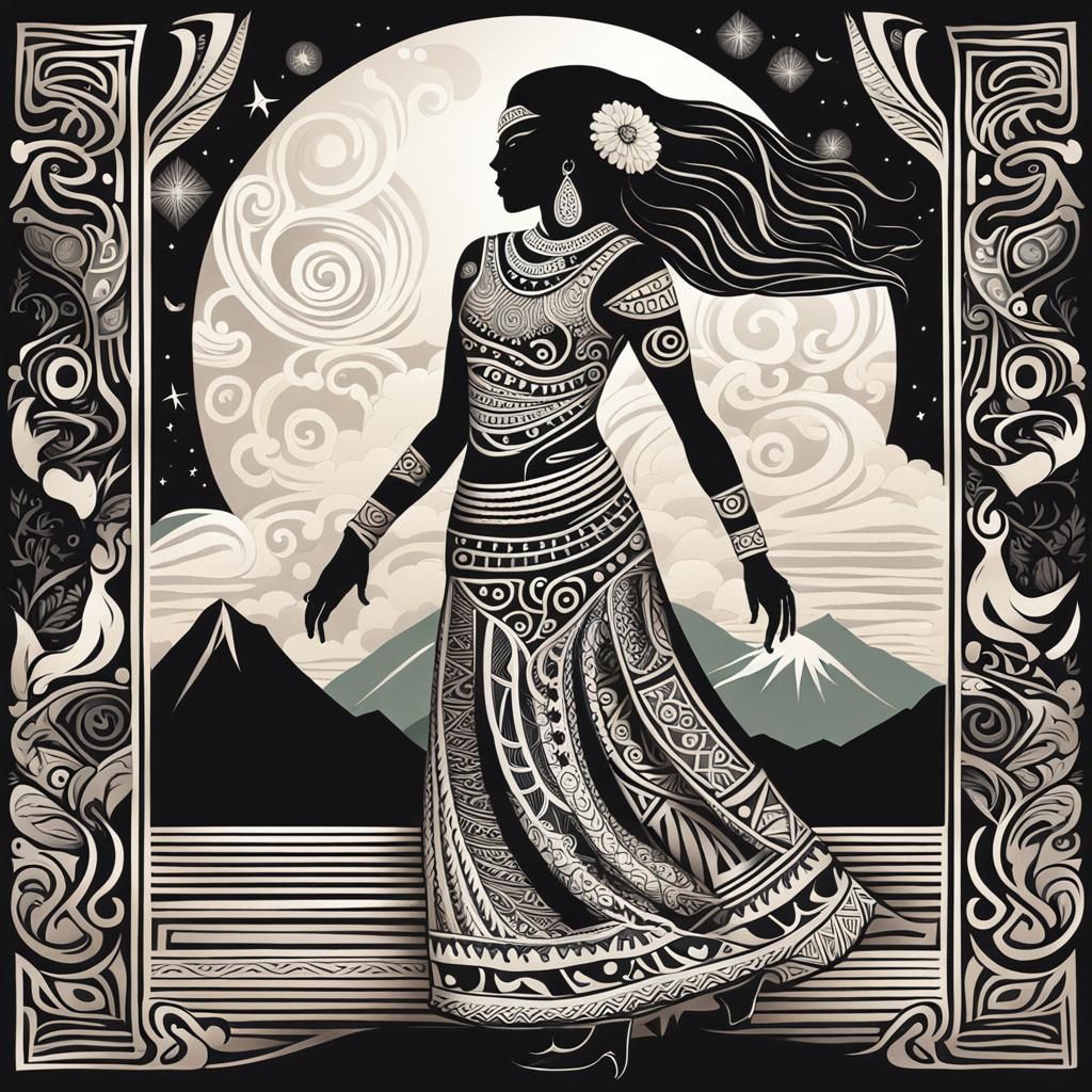 Maori Woman Performing Haka in Traditional Art Style