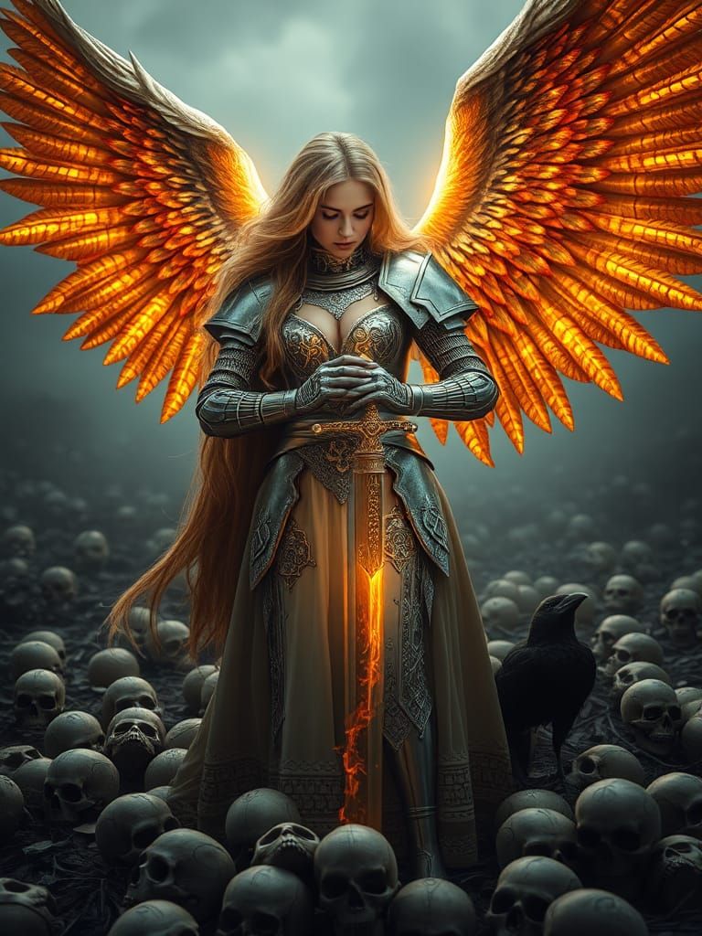 Grief-Stricken Archangel on Battlefield with Flaming Sword