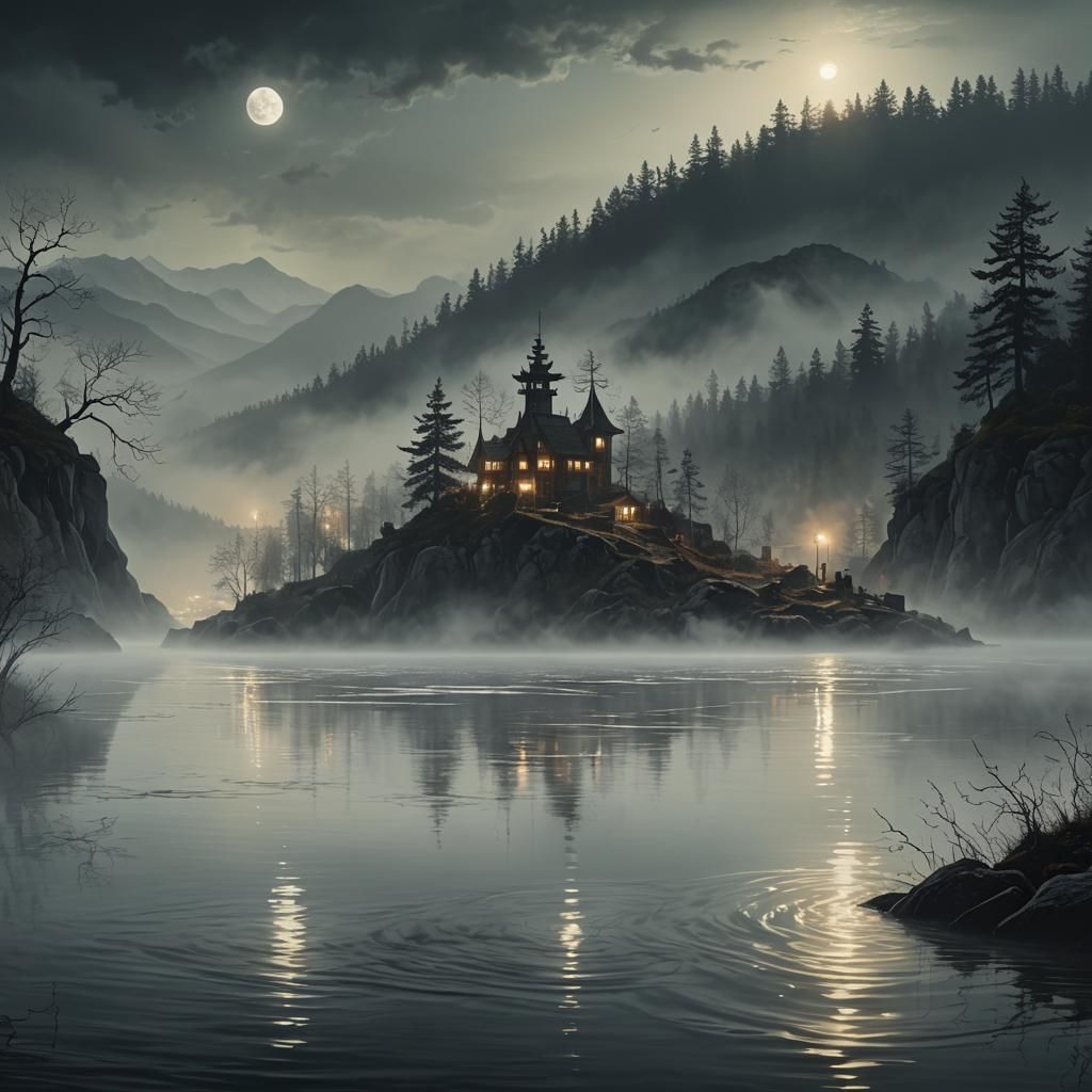 Dreamlike Lights Dance on Foggy Lake