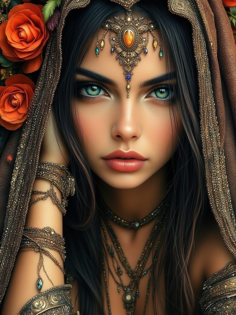 Portrait of Woman with Green Eyes in Bohemian Style