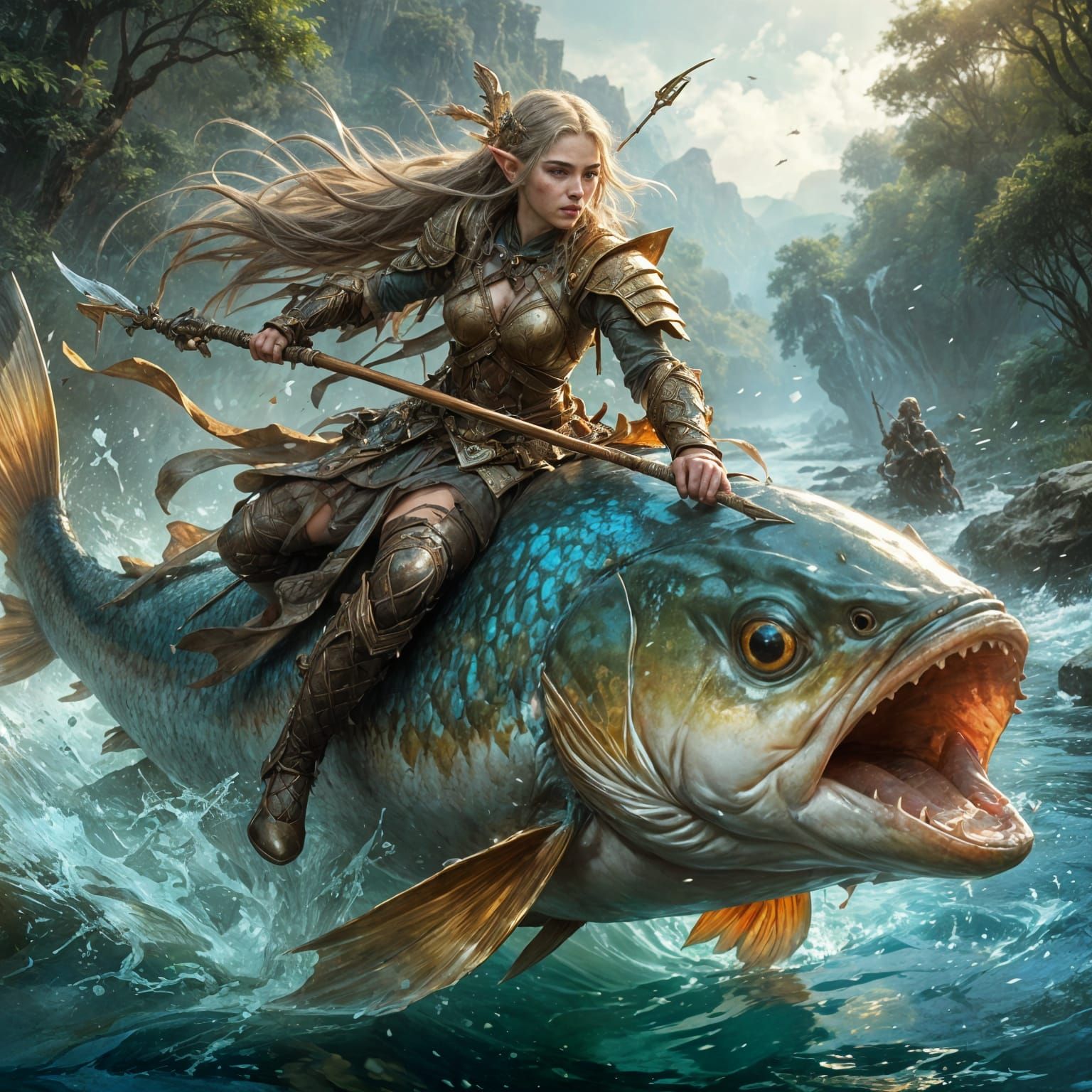 Surreal Elf Maiden Glides on Majestic Fish through Tranquil ...