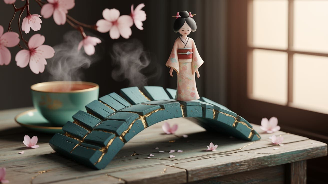 Japanese Woman Sits Serenely on Broken Kintsugi Bridge
