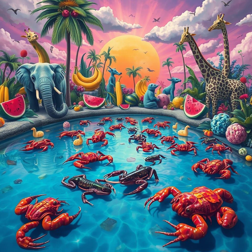 Surreal Pool Overrun with Scorpions and Fantastical Creature...