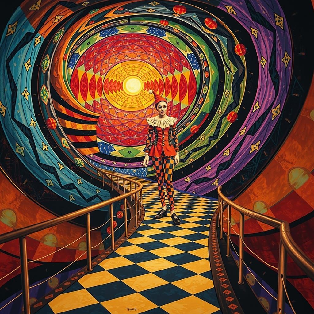 Harlequin Figure in Hypnotic Geometric Maze