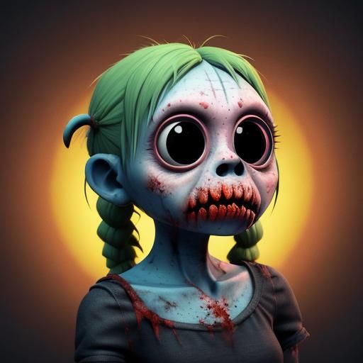 Cute Zombie Girl Eating Brain, 3D Digital Art