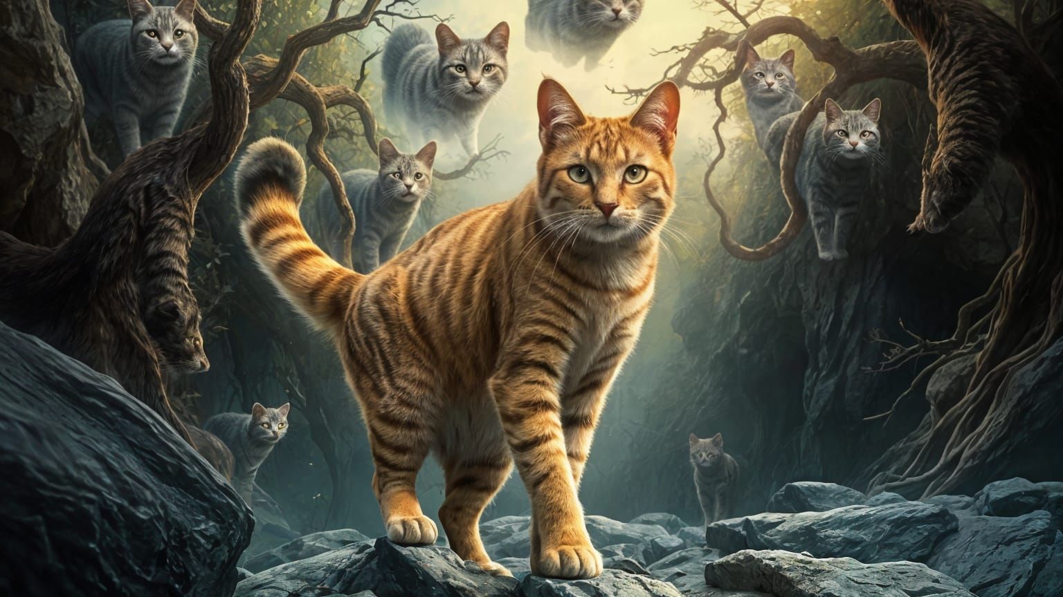 Epic Cinematic Tabby Cat Battle in Ancient Oak Forest