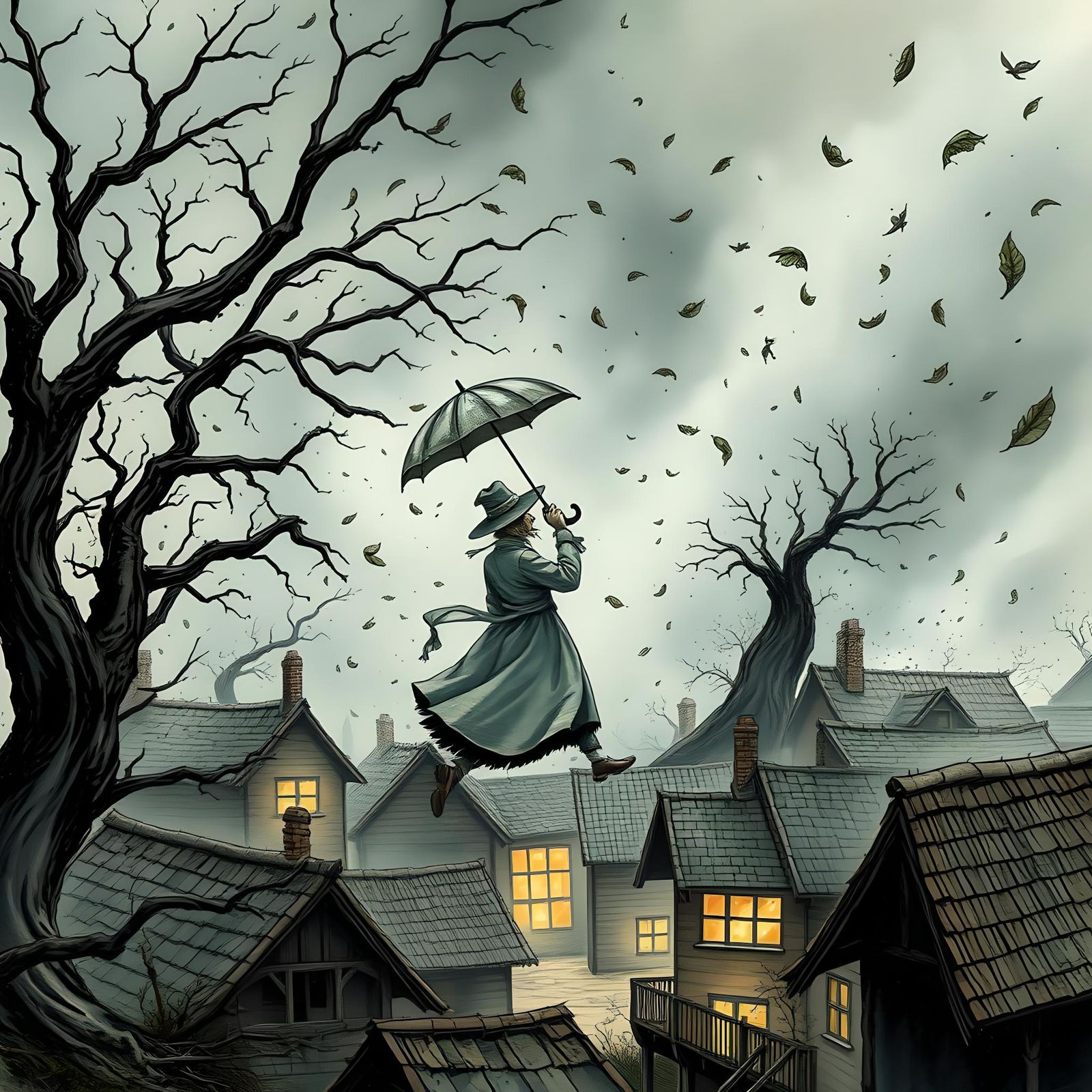 Violent Windstorm with Floating Person: Ink and Watercolor