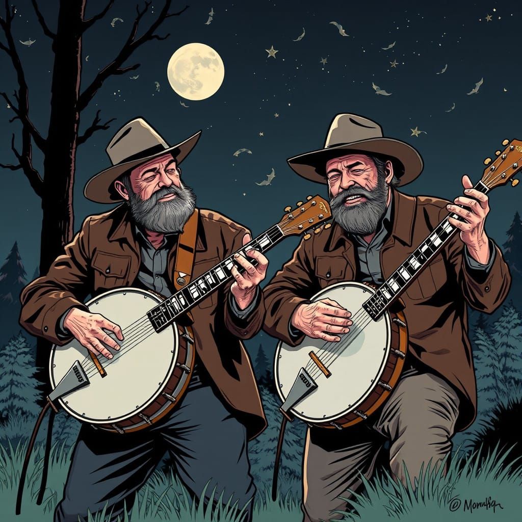 Banjo-Playing Twins in Comic Book Style