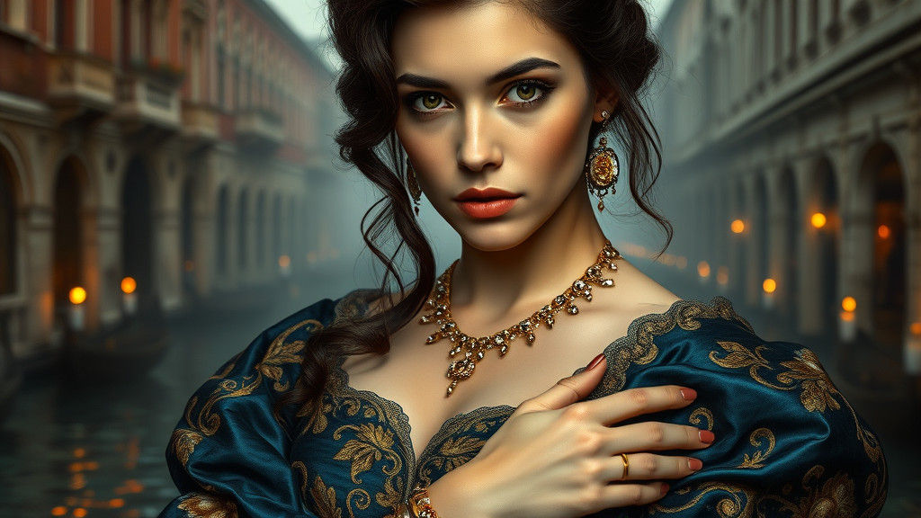 Venetian Courtesan in Opulent Baroque Oil Painting