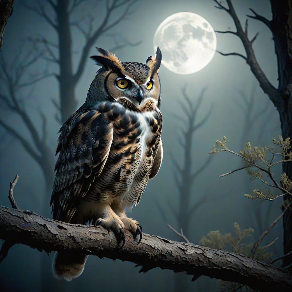 Great Horned Owl Perched Under Full Moon