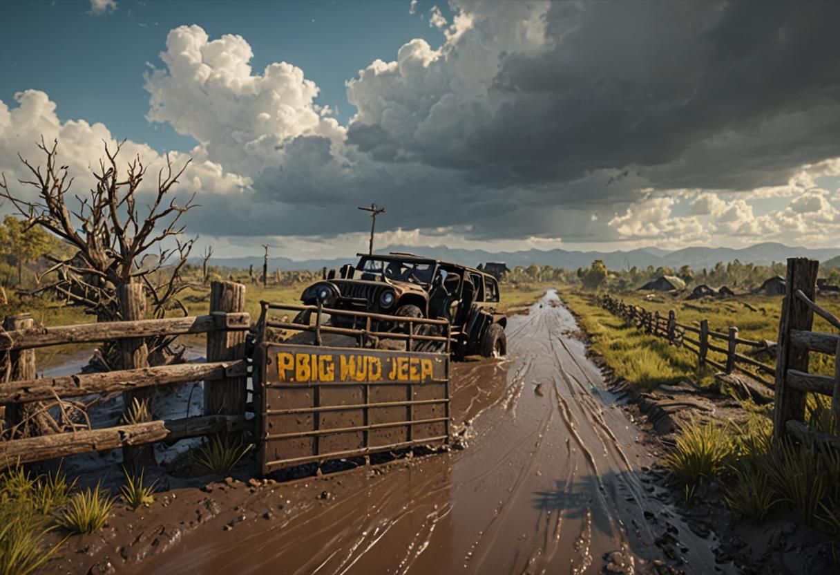 Mud-Covered Jeep in Detailed Matte Painting Style
