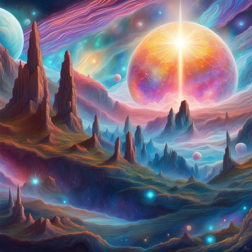 Cosmic World: Holographic Astral Illustration in Mixed Media