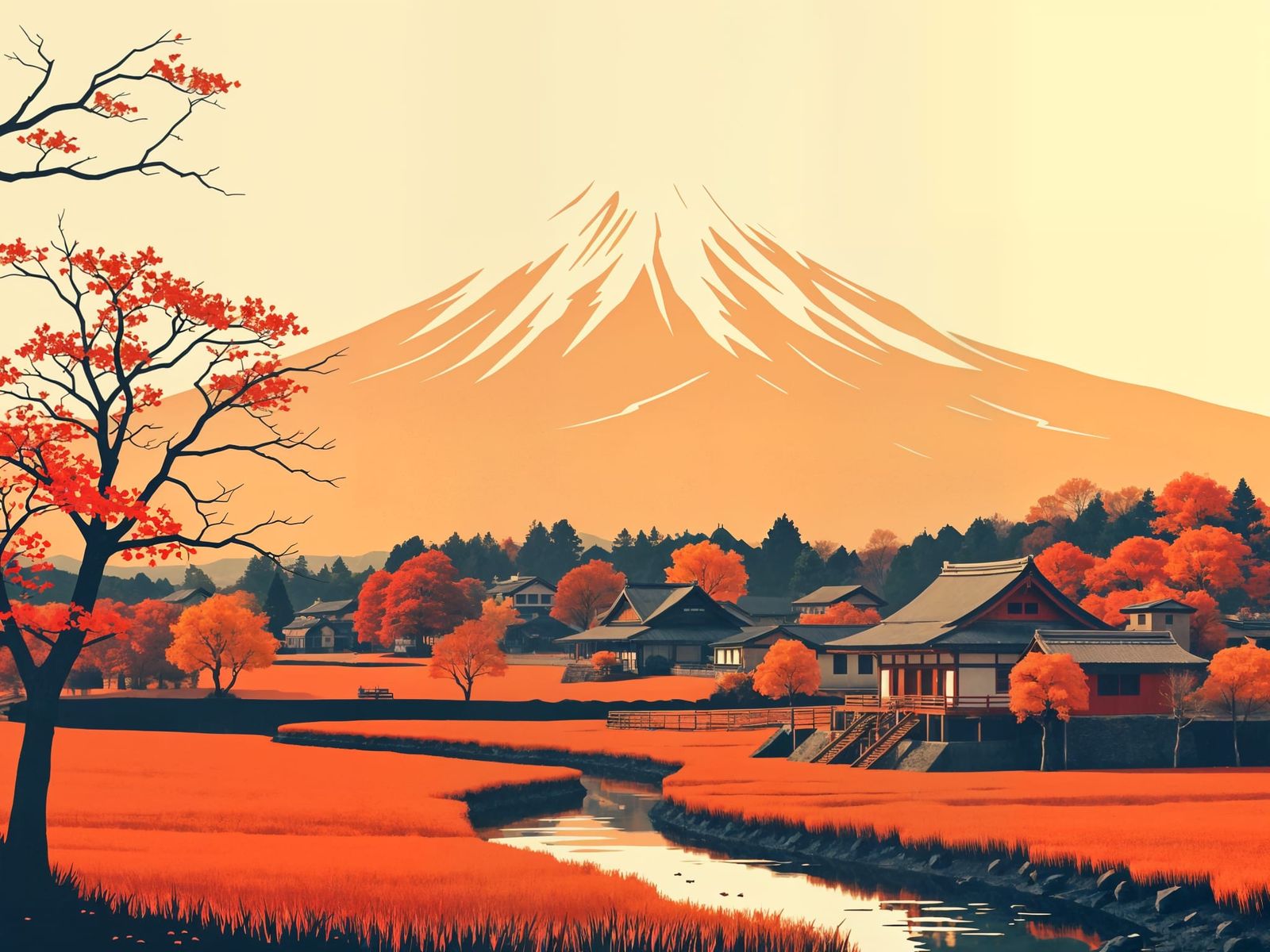 Japanese Village in Autumn: Stencil Art Style
