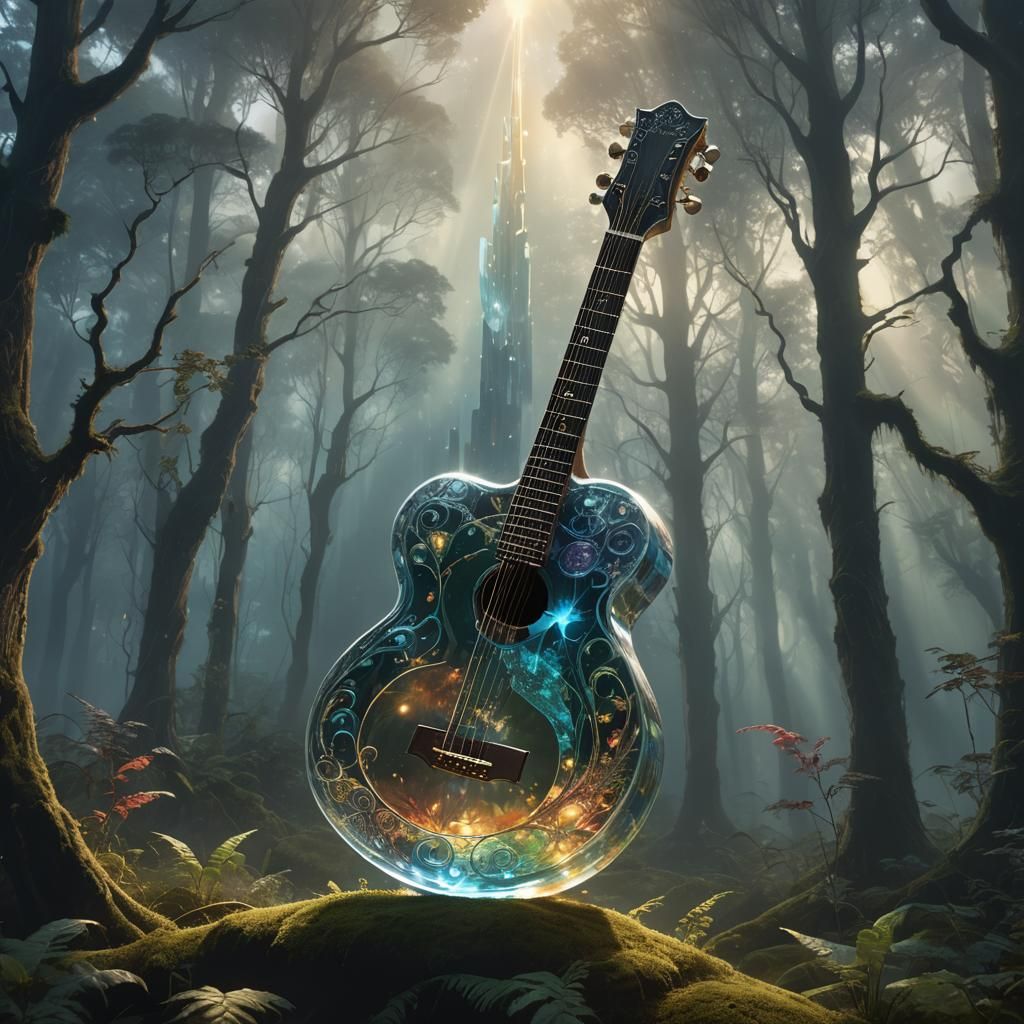 Mystical Glass Guitar in Dreamlike Forest