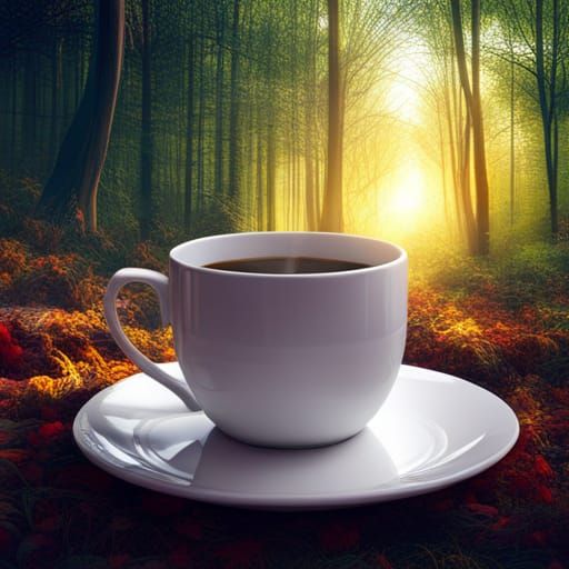 Hyperrealistic Coffee Cup in Forest Splash Art