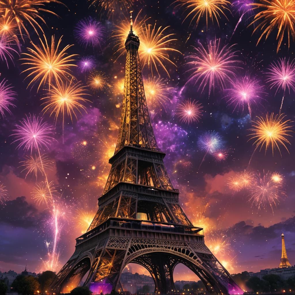 beautiful glowing fireworks over the Eiffel Tower