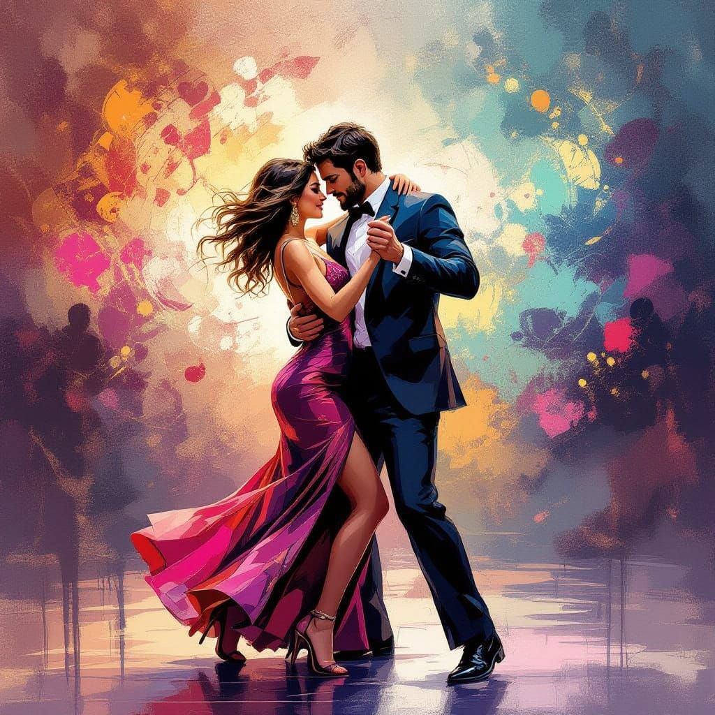 Electric Dance Duo in Vibrant Abstract Patterns