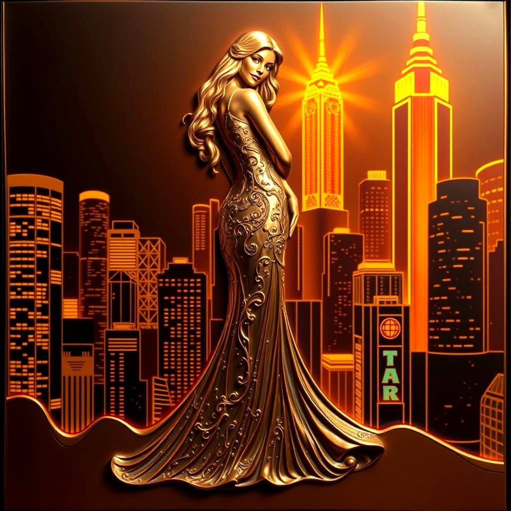 Art Deco Golden Woman Sculpture at Night