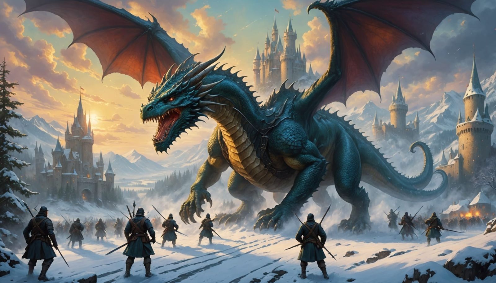 Medieval Soldiers Battle Giant Dragon in Snowy Fantasy Lands...