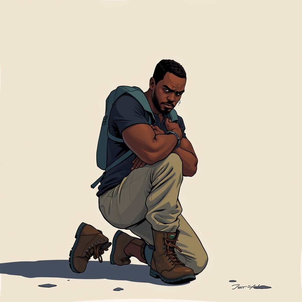 Man Struggles to Put on Backpack Handcuffed and Kneeling