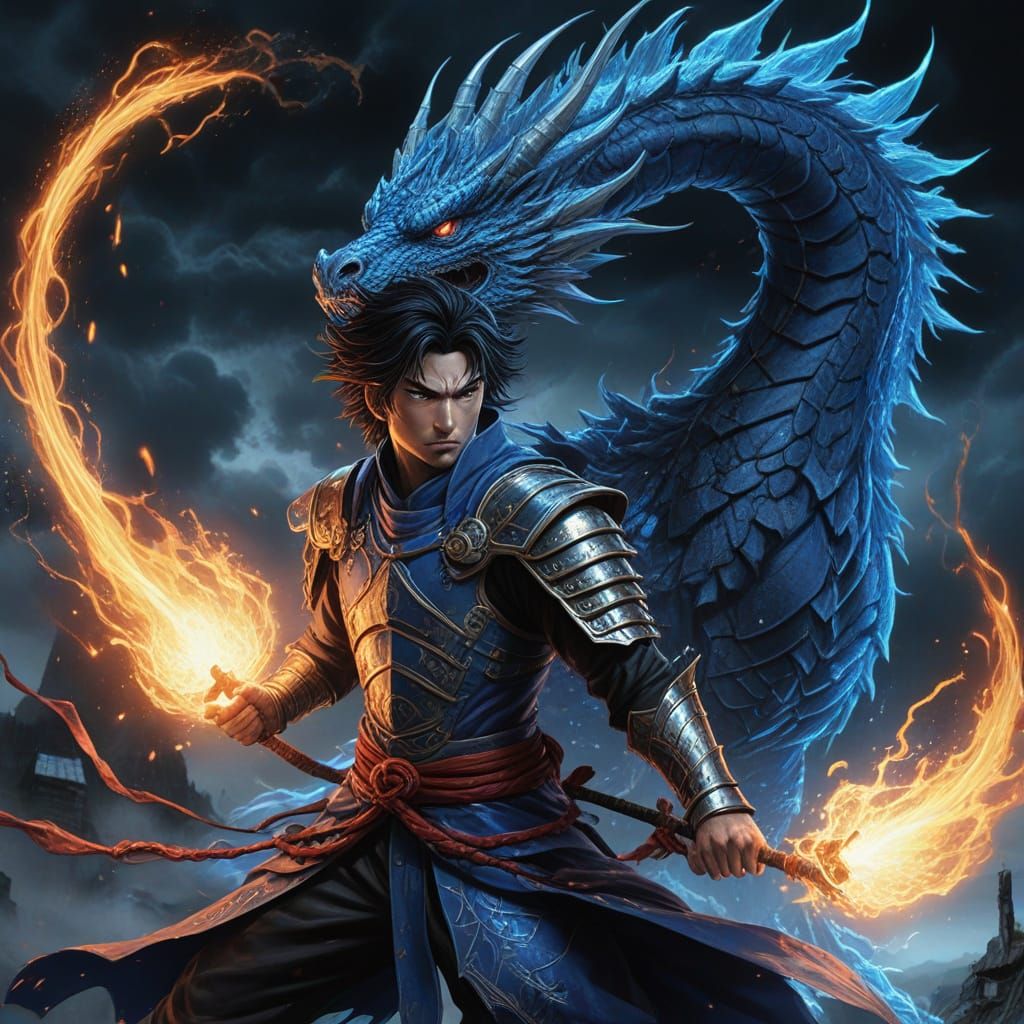 Epic Samurai Warrior Electrified by Blue Dragon