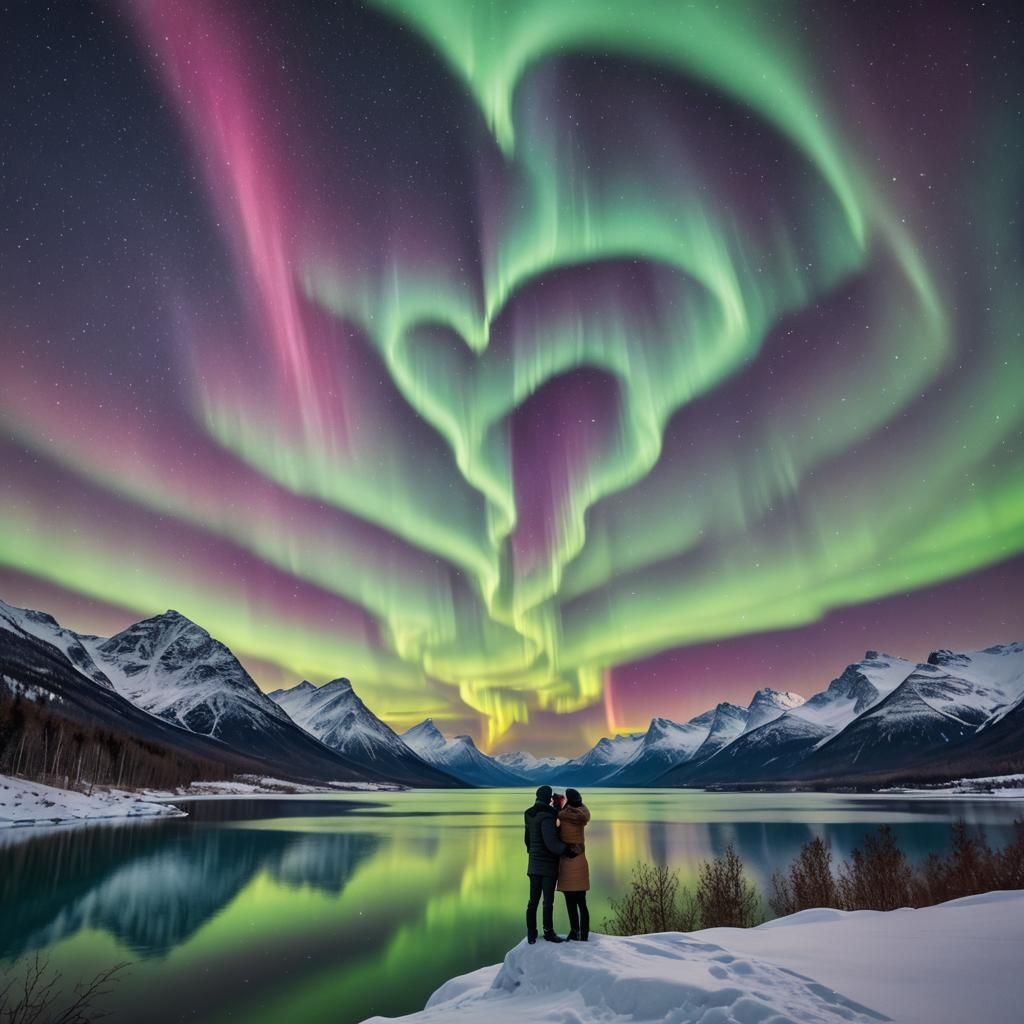 Heart-Shaped Aurora Borealis Over Snowy Mountains