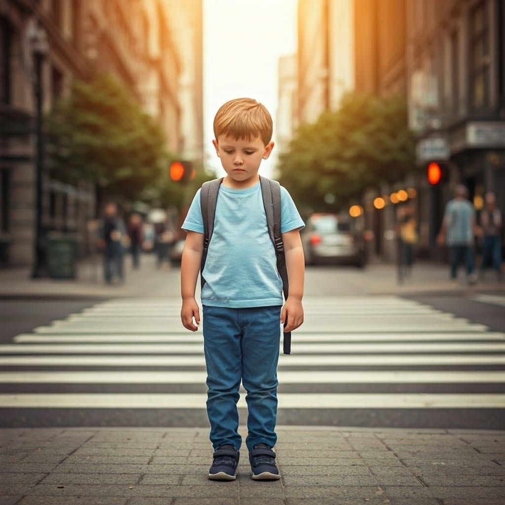 Vulnerable Boy Waiting at Crosswalk in Cinematic Style