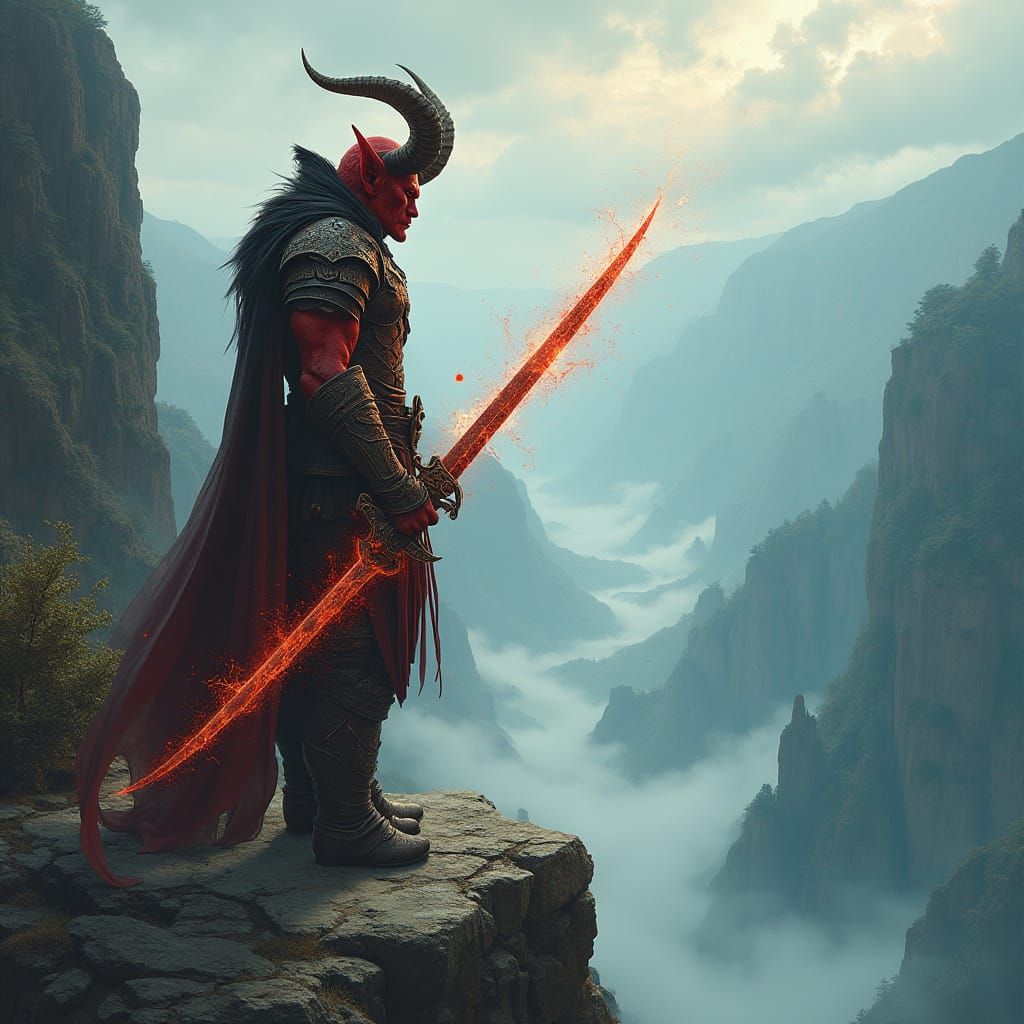 Dark Fantasy Warrior Stands on Precipice, Gazing Out Over Mi...
