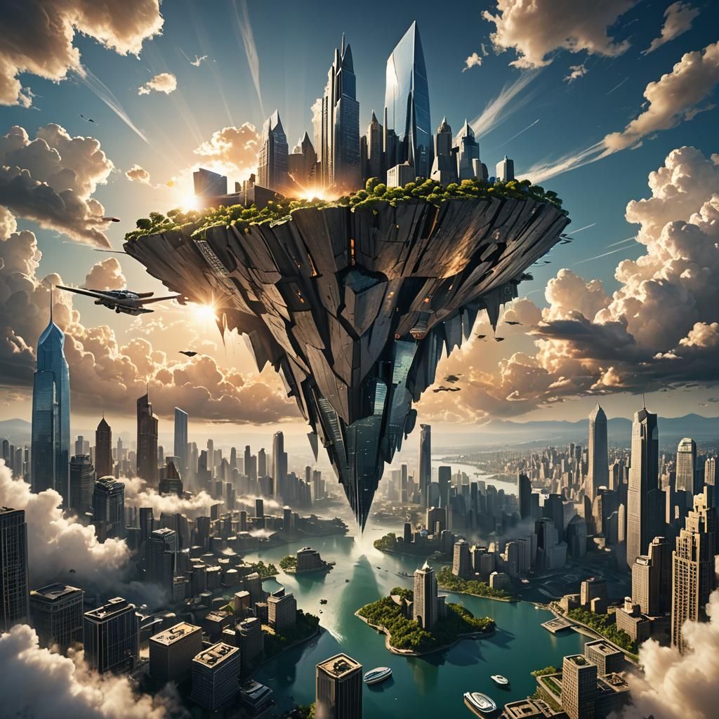 Floating City on Rock Island: Fantasy Concept Art