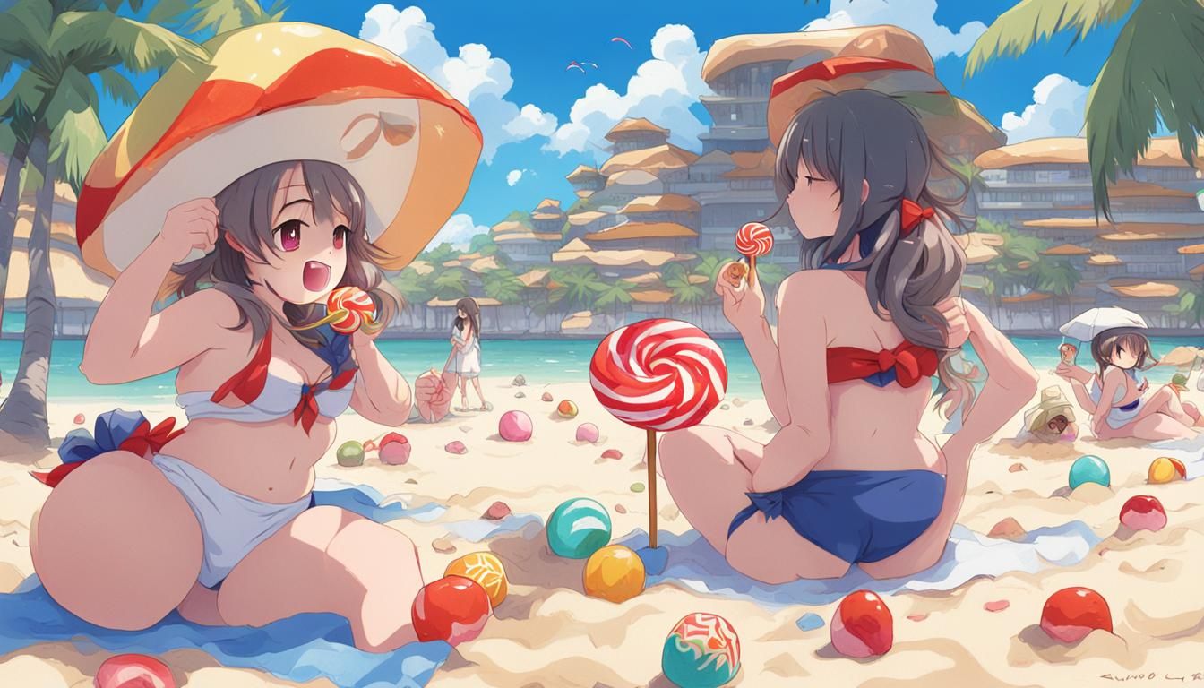 Anime-Style Women on Beach with Lollipops