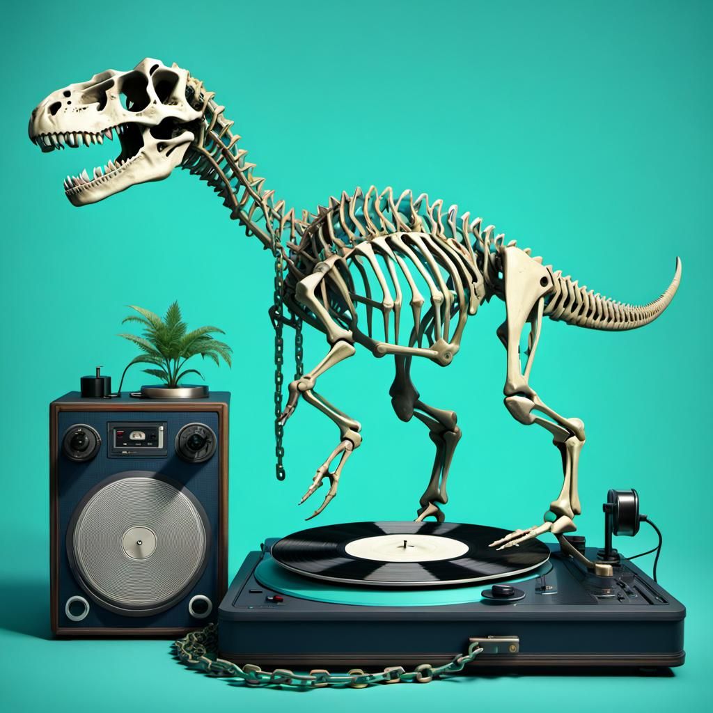 Dinosaur Skeleton and Record Player in Teal