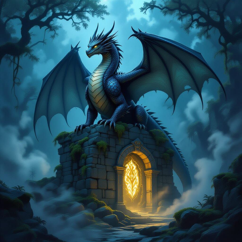 Obsidian Dragon Guards Mossy Ruins in Twilight Forest