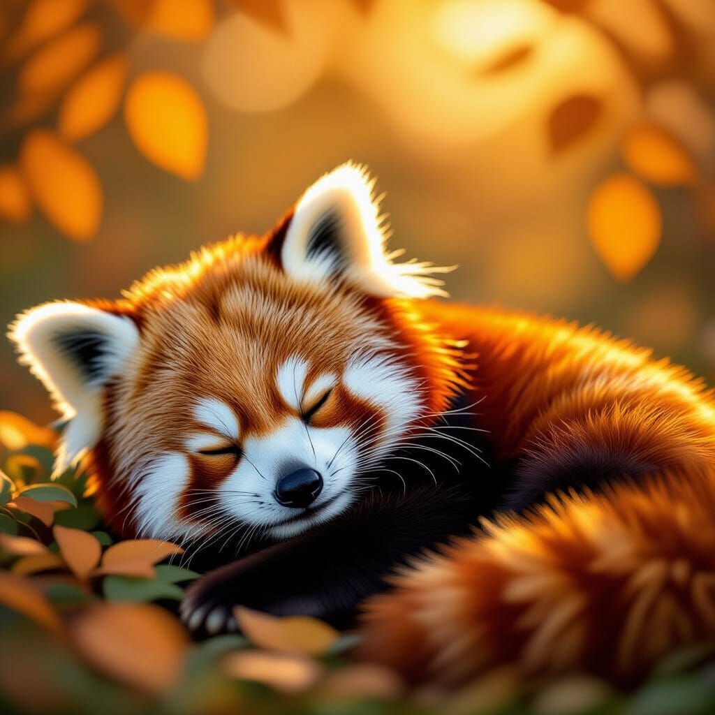 Cute Red Panda Sleeping in Golden Hour Light