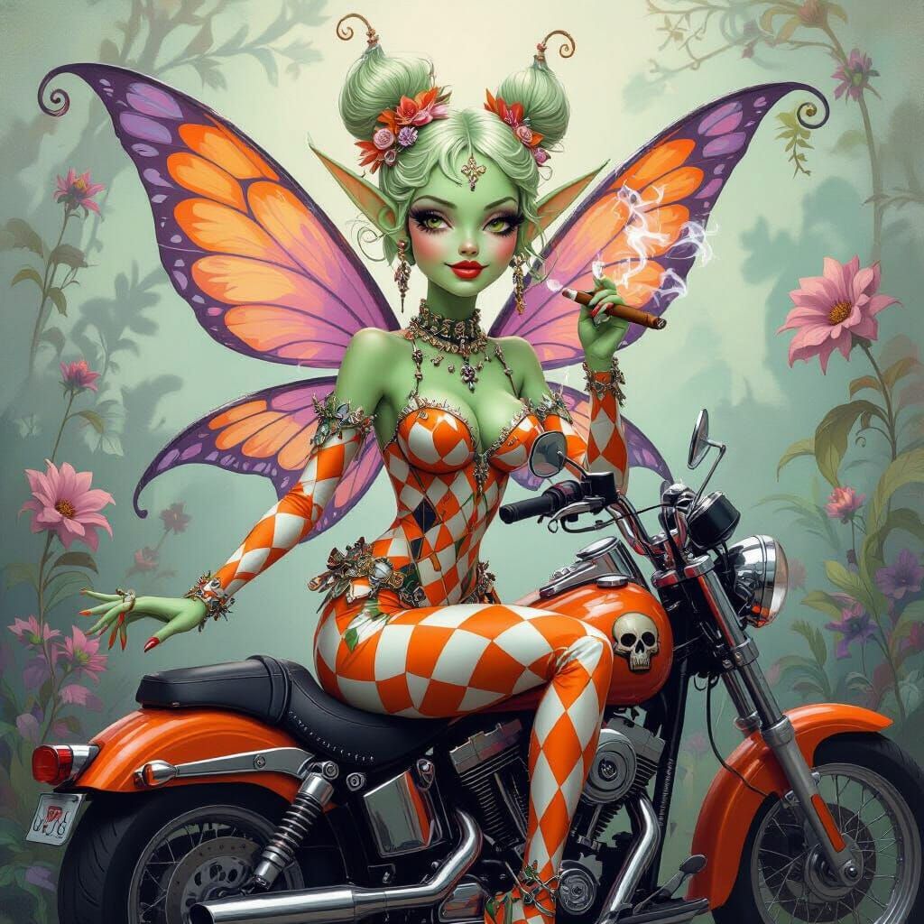 Green-Skinned Fairy in Harlequin Outfit on Motorcycle