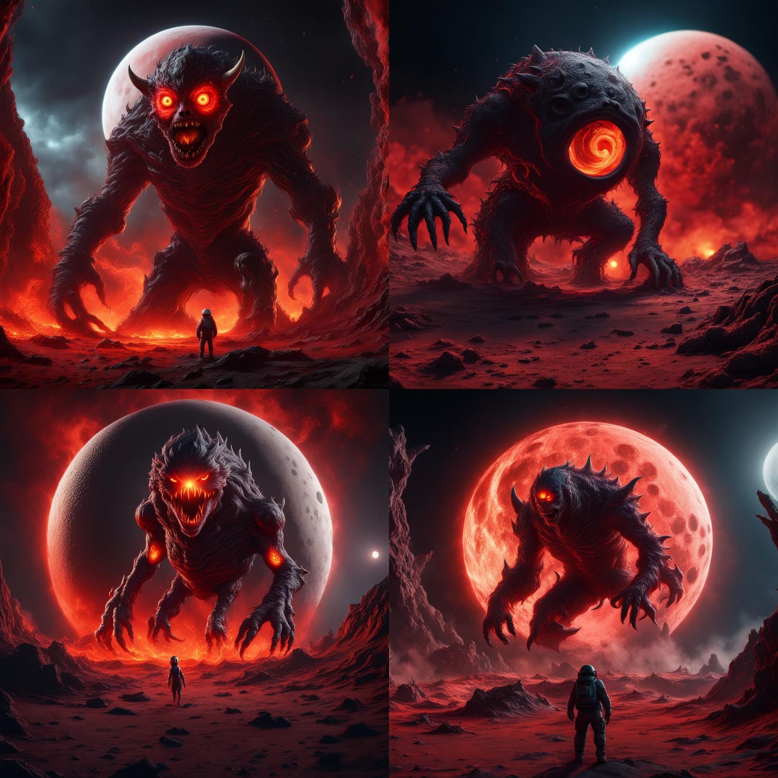 Fiery Moon Monster with Black Hole, Detailed Matte Painting