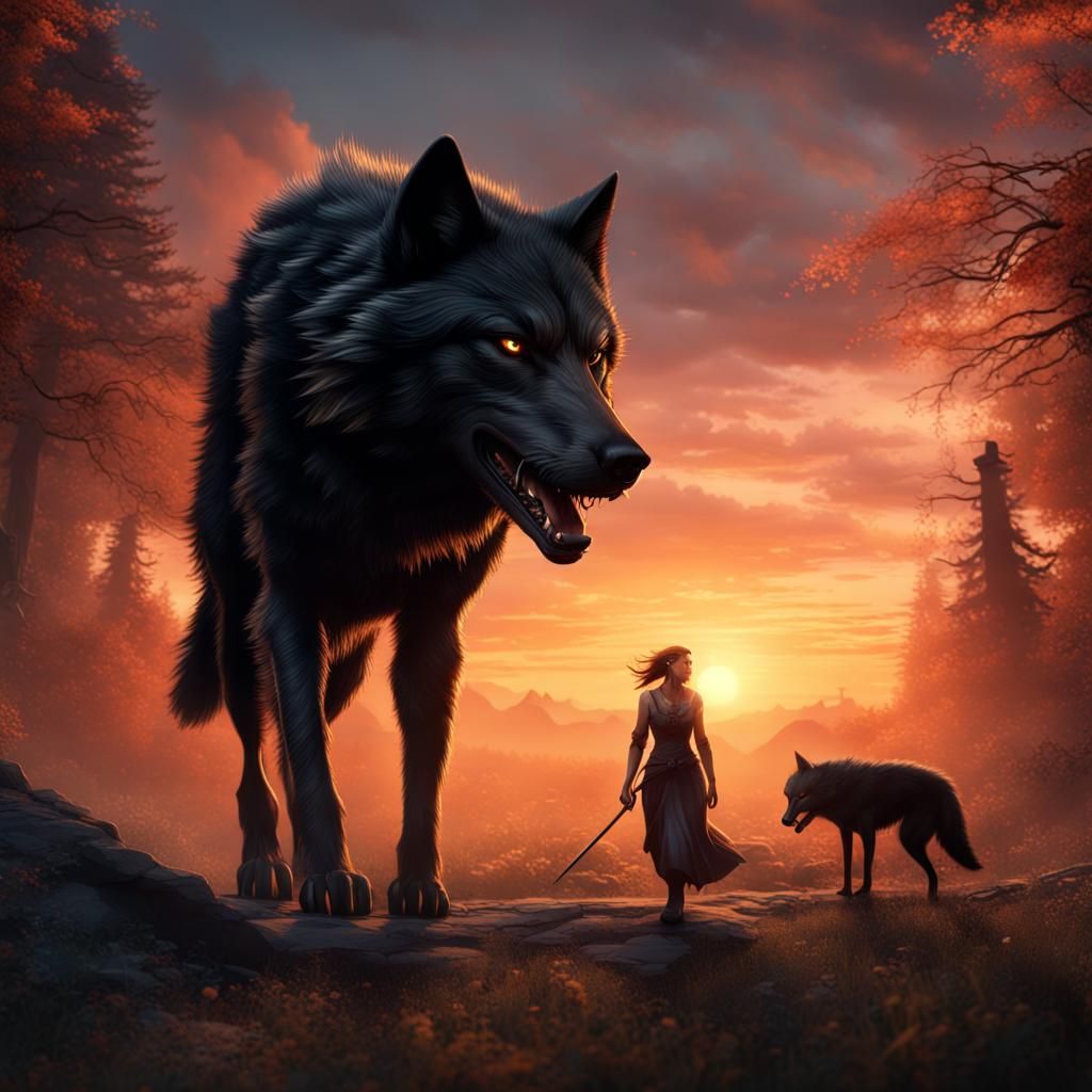 Black Wolf Stalking Woman: Detailed Matte Painting