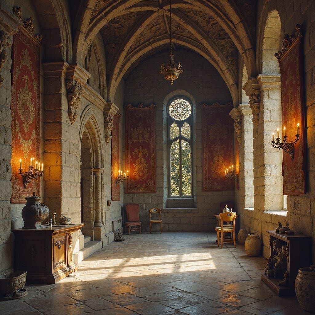 Medieval Castle Hall in Rich Oil Painting Style